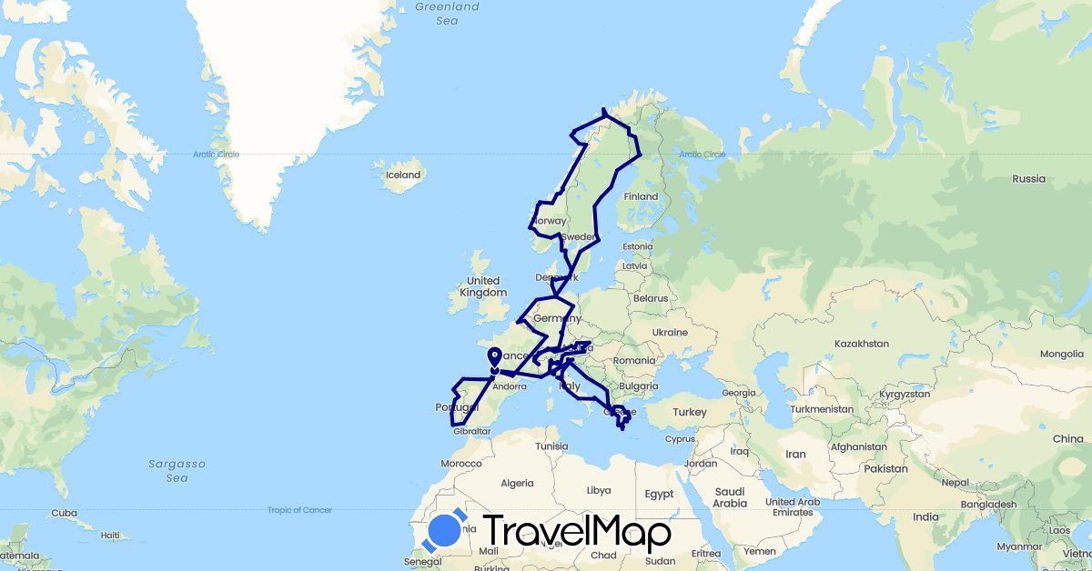 TravelMap itinerary: driving in Albania, Austria, Belgium, Switzerland, Germany, Denmark, Spain, Finland, France, Greece, Croatia, Italy, Luxembourg, Montenegro, Netherlands, Norway, Portugal, Sweden (Europe)